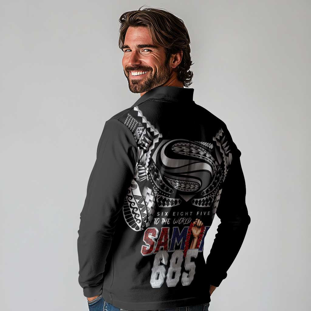 Super Samoa-Six Eight Five to The World Long Sleeve Polo Shirt Traditional Samoan Tattoo Black Color LT03 - Polynesian Pride