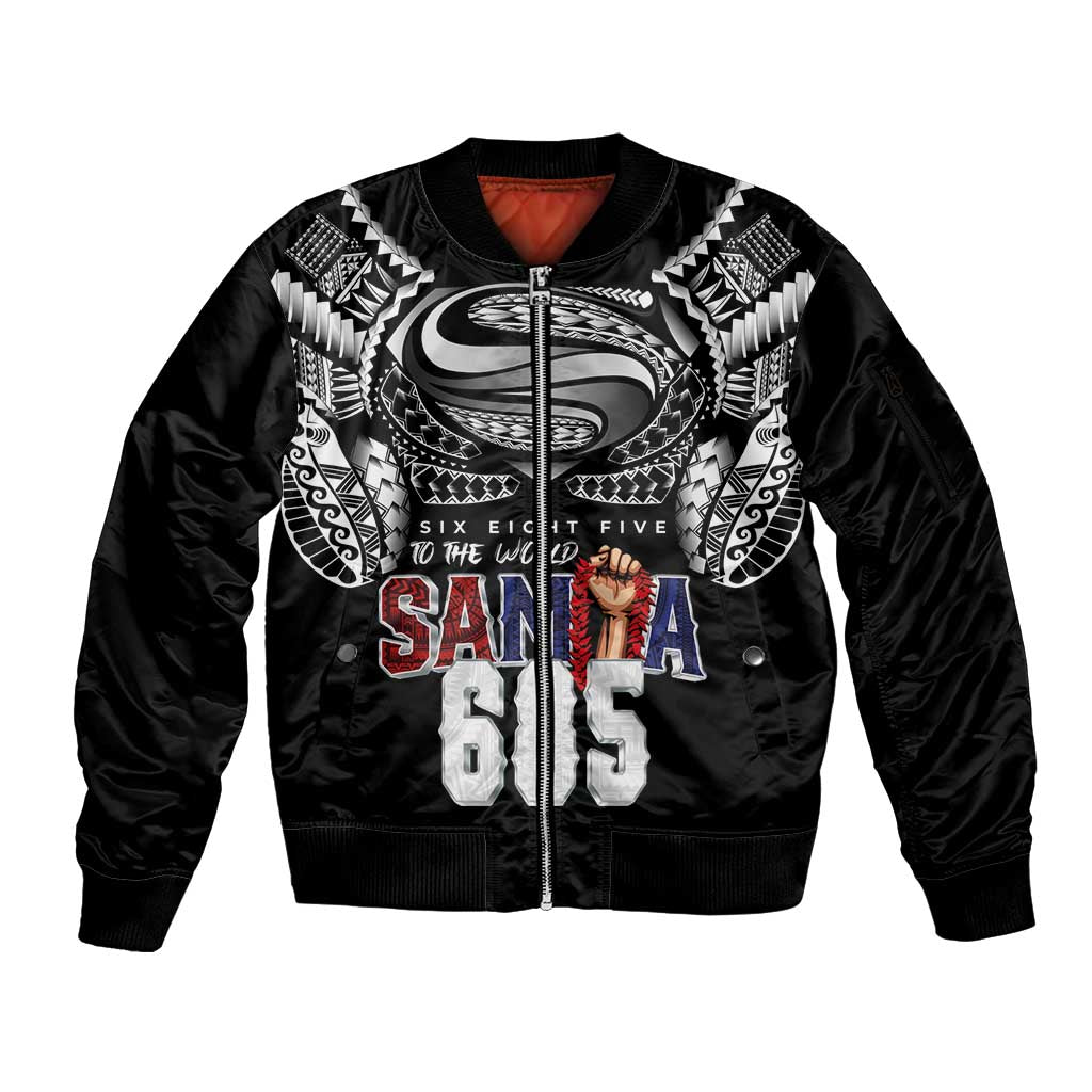 Super Samoa-Six Eight Five to The World Sleeve Zip Bomber Jacket Traditional Samoan Tattoo Black Color
