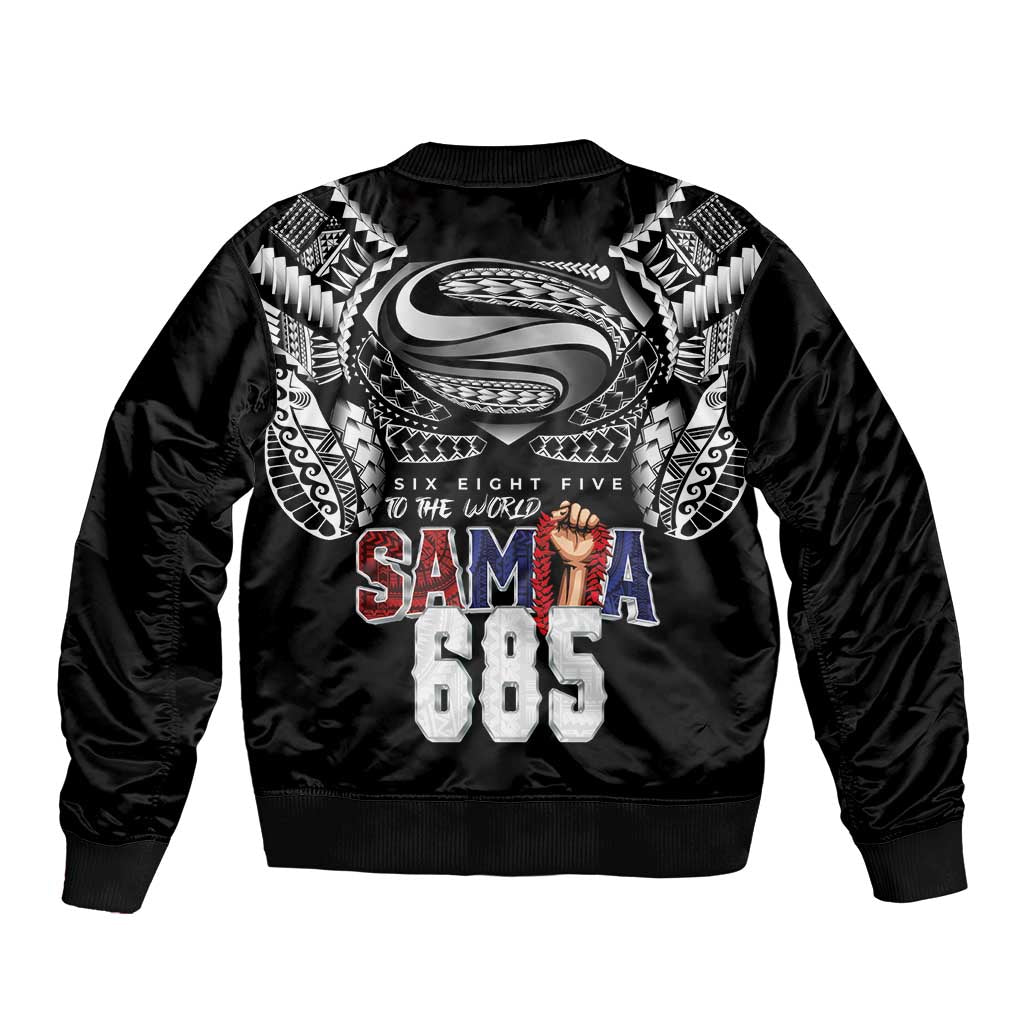 Super Samoa-Six Eight Five to The World Sleeve Zip Bomber Jacket Traditional Samoan Tattoo Black Color