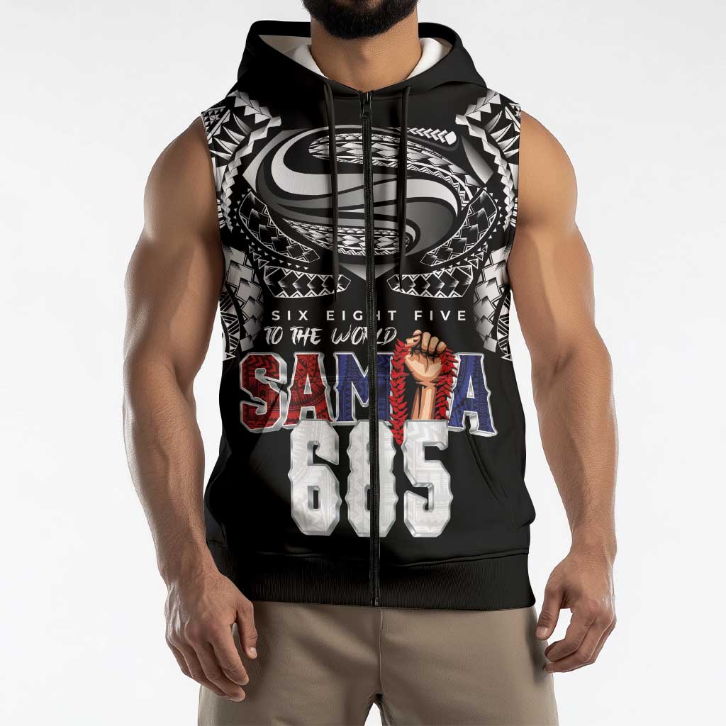 Super Samoa-Six Eight Five to The World Sleeveless Zip Hoodie Traditional Samoan Tattoo Black Color LT03 - Polynesian Pride