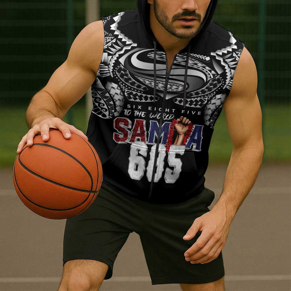 Super Samoa-Six Eight Five to The World Sleeveless Zip Hoodie Traditional Samoan Tattoo Black Color LT03 - Polynesian Pride