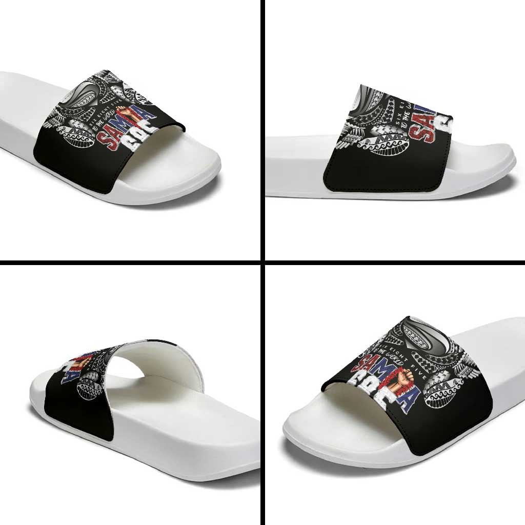 Super Samoa-Six Eight Five to The World Slide Sandals Traditional Samoan Tattoo Black Color