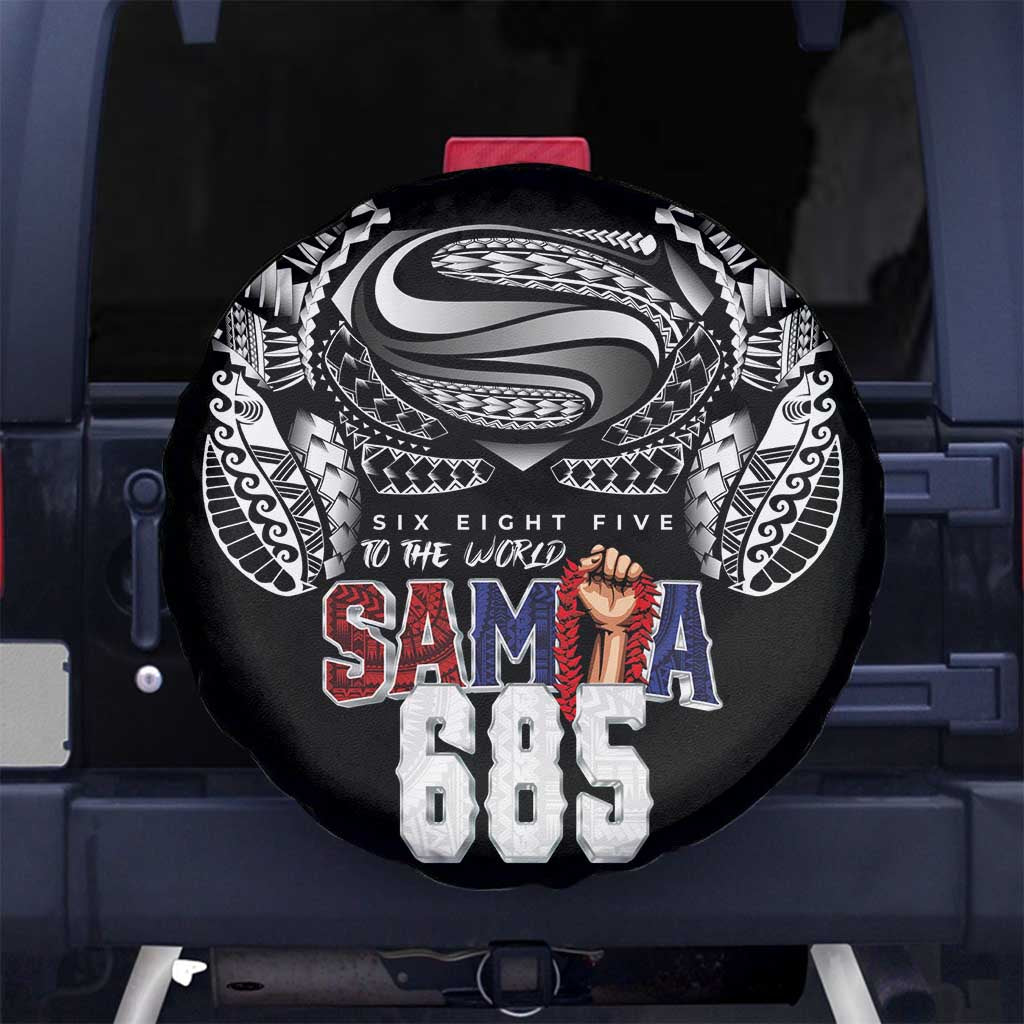 Super Samoa-Six Eight Five to The World Spare Tire Cover Traditional Samoan Tattoo Black Color LT03 No hole Black - Polynesian Pride