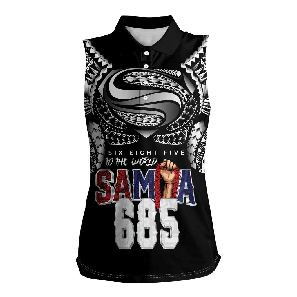 Super Samoa-Six Eight Five to The World Women Sleeveless Polo Shirt Traditional Samoan Tattoo Black Color LT03 Female Black - Polynesian Pride
