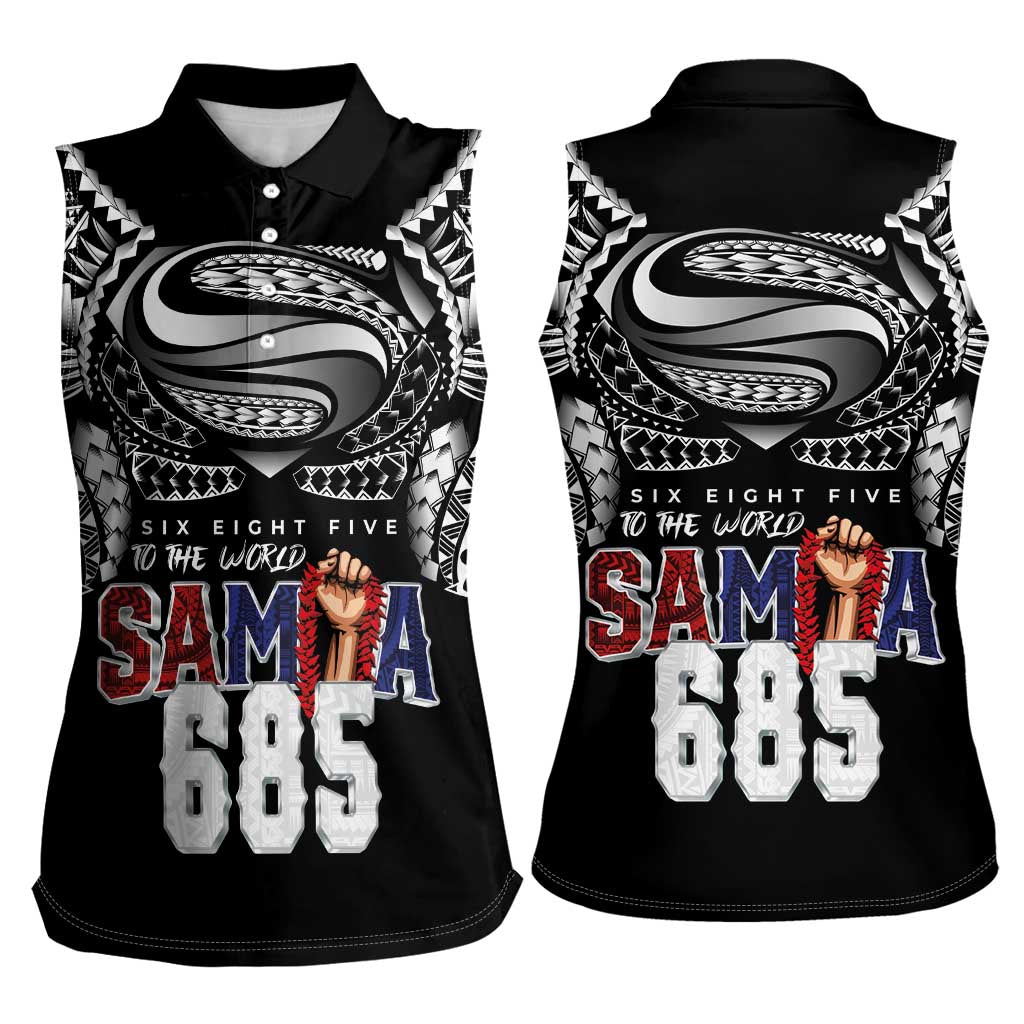 Super Samoa-Six Eight Five to The World Women Sleeveless Polo Shirt Traditional Samoan Tattoo Black Color LT03 - Polynesian Pride