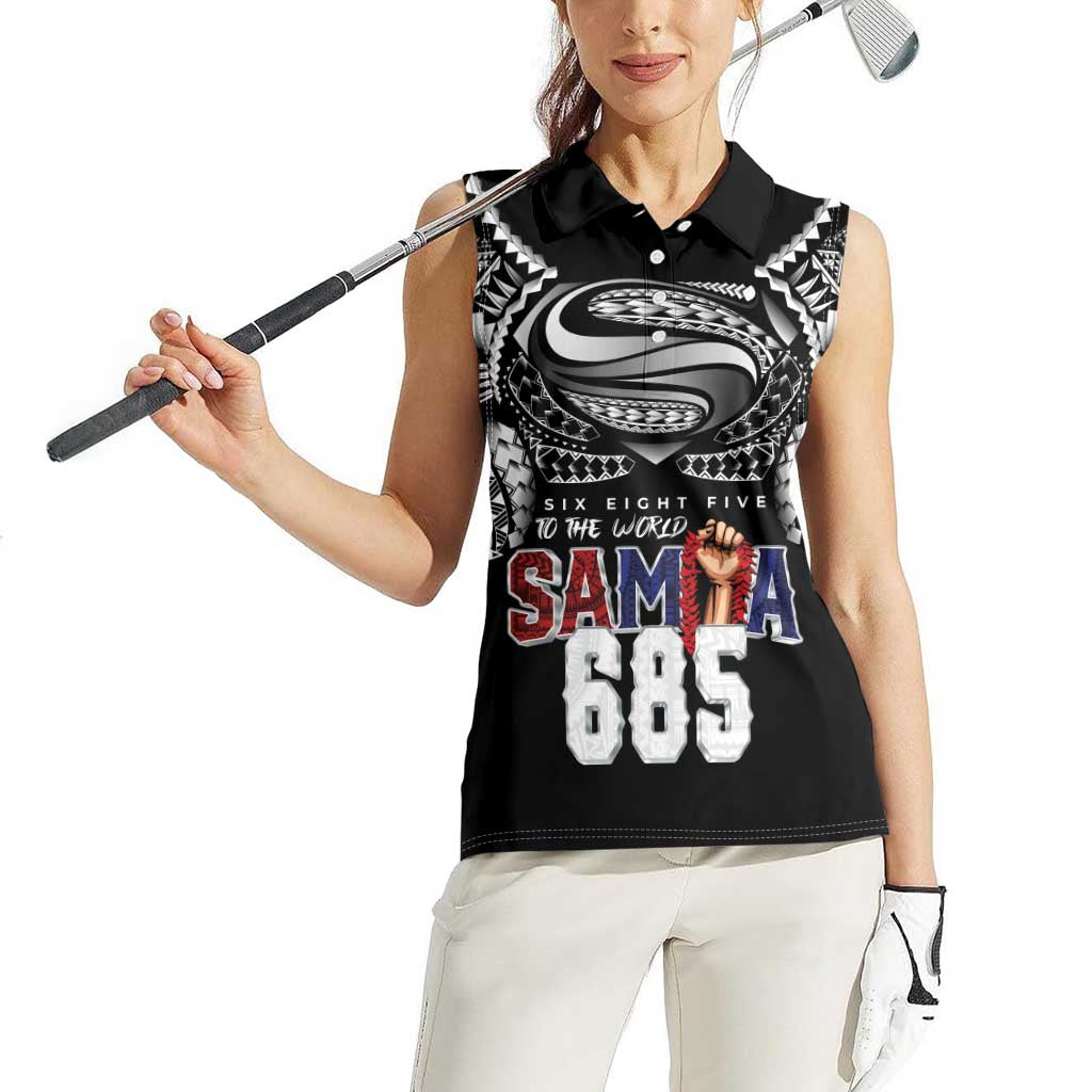 Super Samoa-Six Eight Five to The World Women Sleeveless Polo Shirt Traditional Samoan Tattoo Black Color LT03 - Polynesian Pride