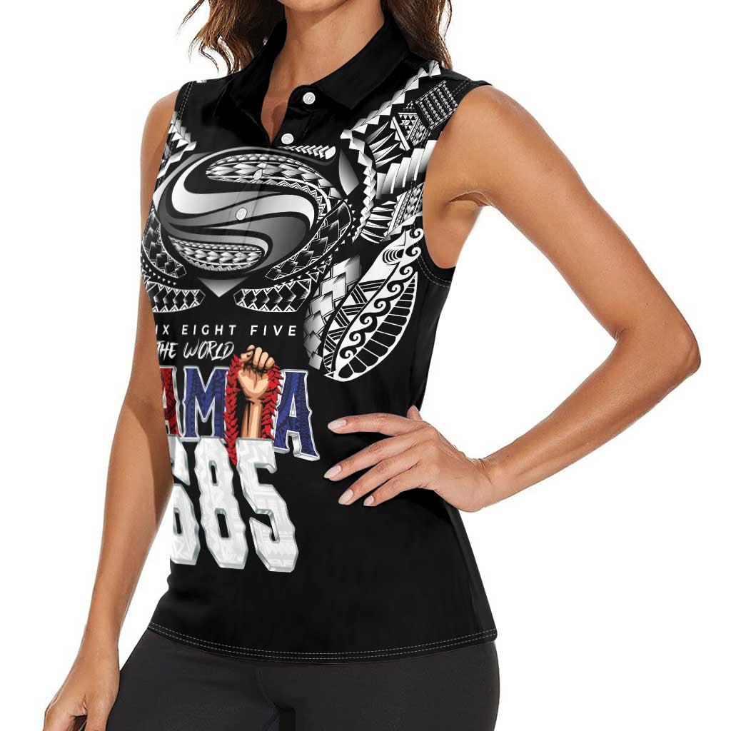 Super Samoa-Six Eight Five to The World Women Sleeveless Polo Shirt Traditional Samoan Tattoo Black Color LT03 - Polynesian Pride