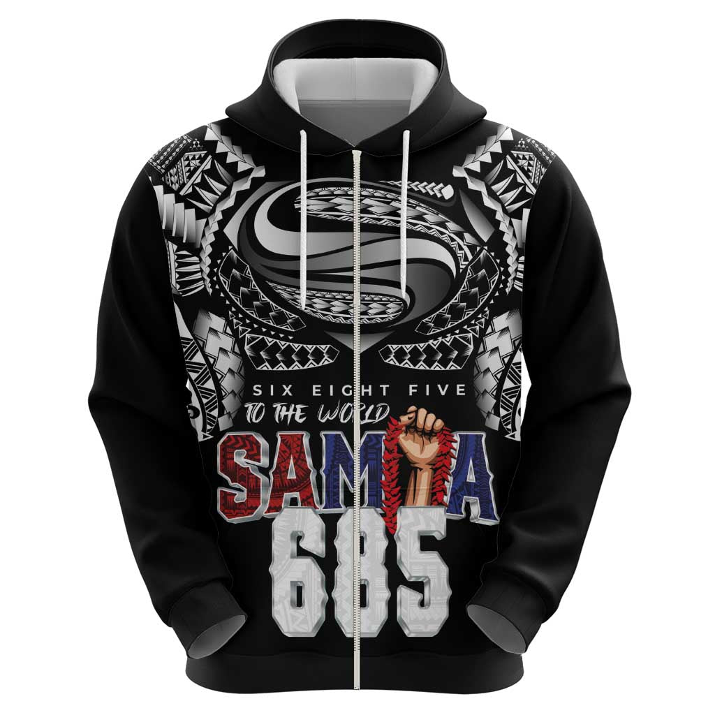 Super Samoa-Six Eight Five to The World Zip Hoodie Traditional Samoan Tattoo Black Color