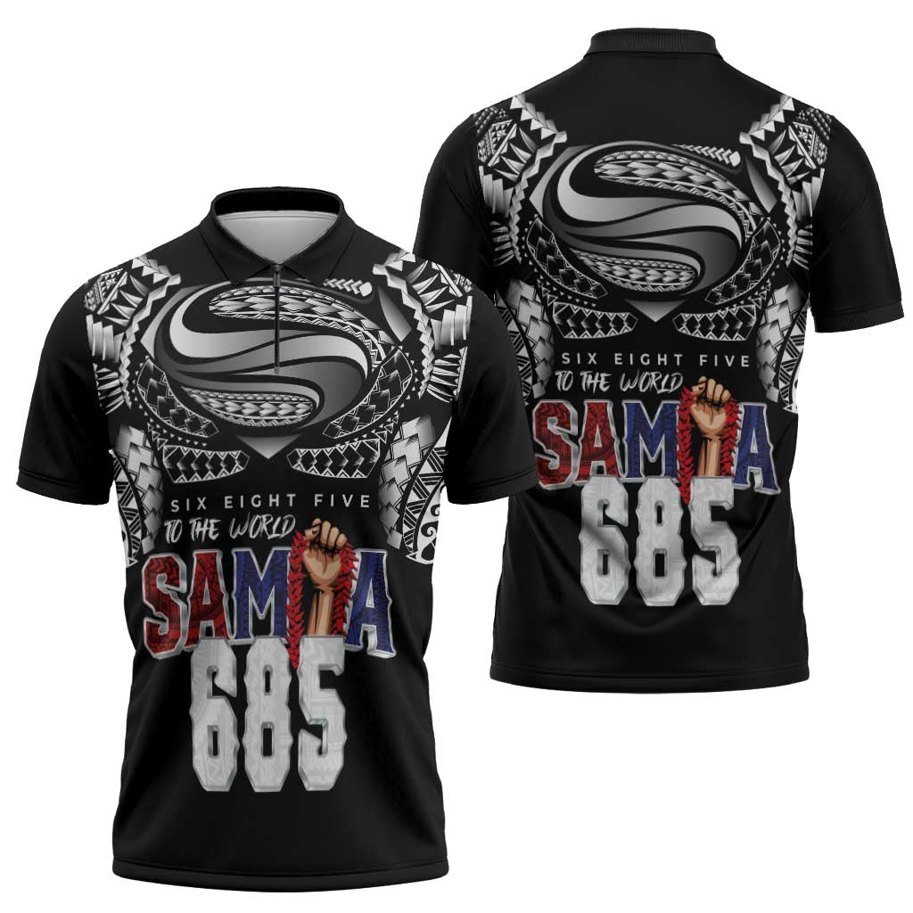 Super Samoa-Six Eight Five to The World Zipper Polo Shirt Traditional Samoan Tattoo Black Color LT03 - Polynesian Pride