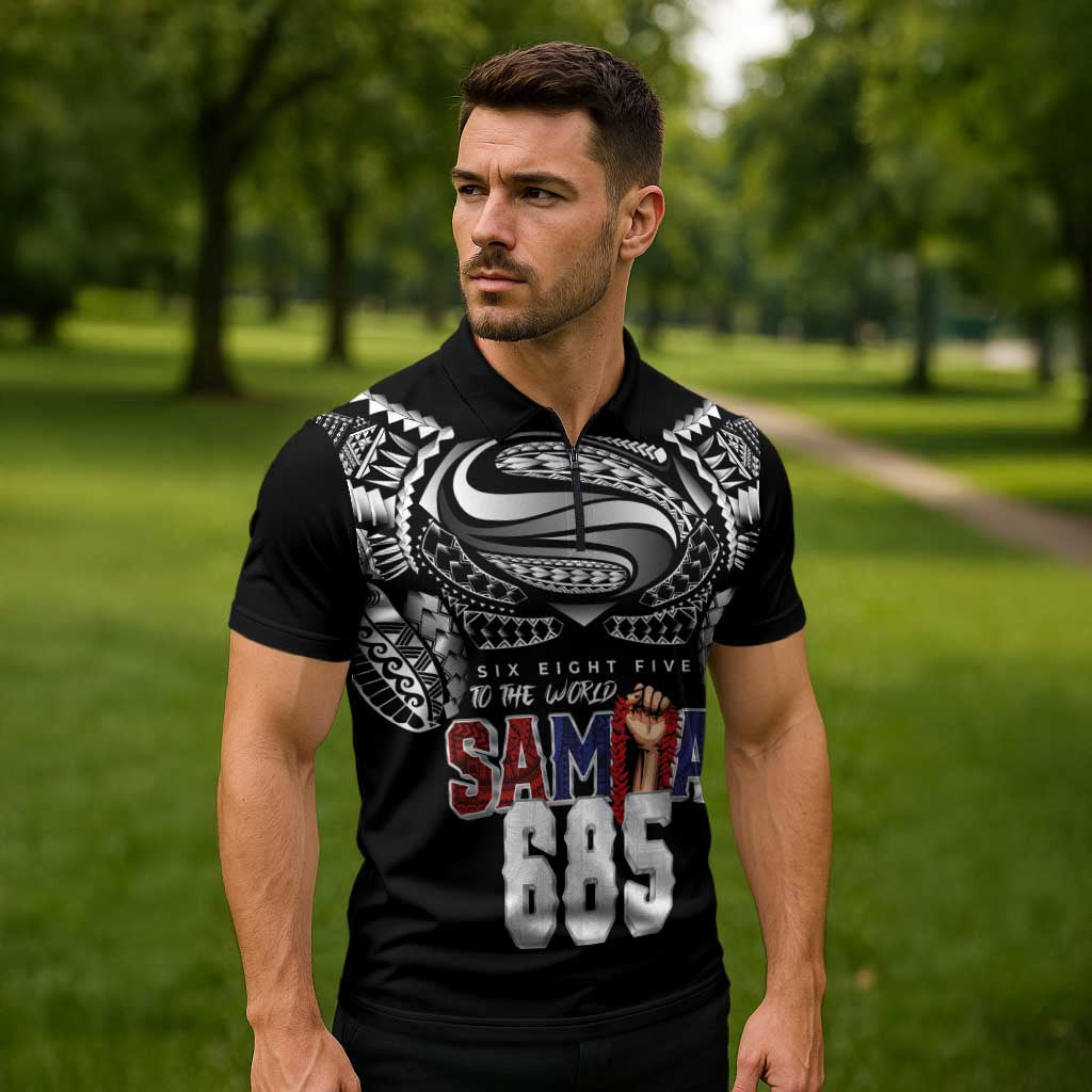 Super Samoa-Six Eight Five to The World Zipper Polo Shirt Traditional Samoan Tattoo Black Color LT03 - Polynesian Pride