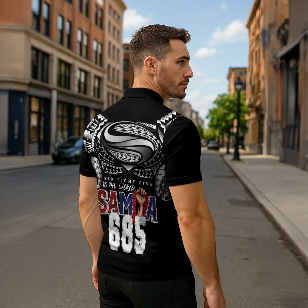 Super Samoa-Six Eight Five to The World Zipper Polo Shirt Traditional Samoan Tattoo Black Color LT03 - Polynesian Pride