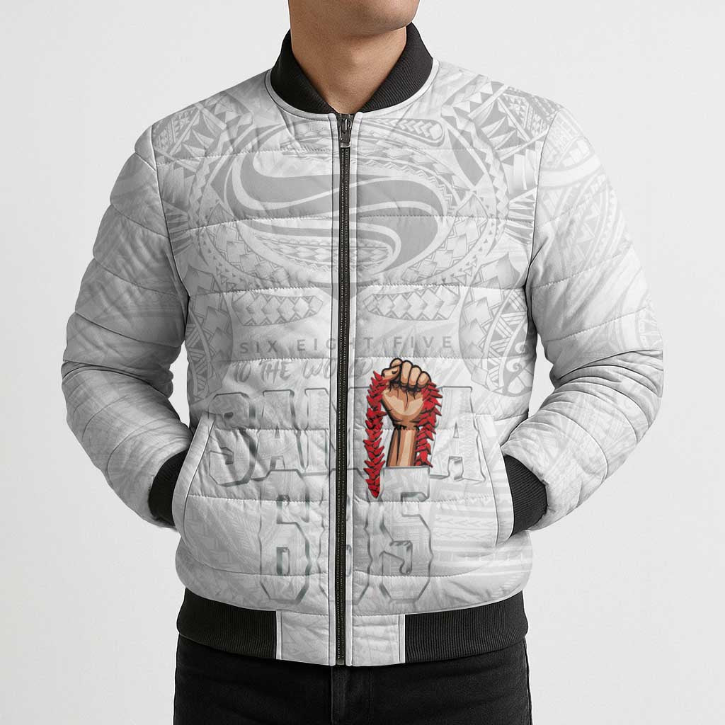 Super Samoa-Six Eight Five to The World Bomber Puffer Jacket Traditional Samoan Tattoo All White