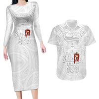 Super Samoa-Six Eight Five to The World Couples Matching Long Sleeve Bodycon Dress and Hawaiian Shirt Traditional Samoan Tattoo All White LT03 White - Polynesian Pride