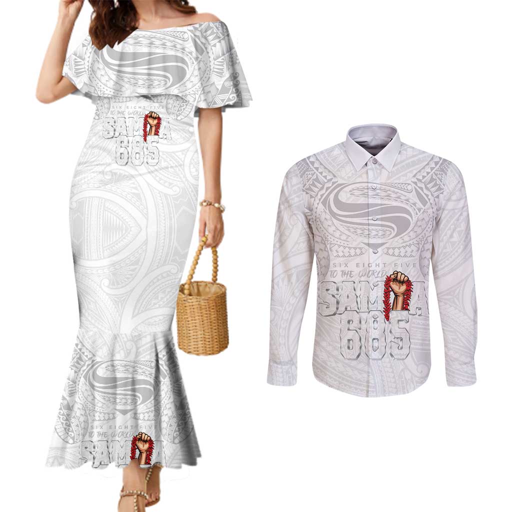 Super Samoa-Six Eight Five to The World Couples Matching Mermaid Dress and Long Sleeve Button Shirt Traditional Samoan Tattoo All White