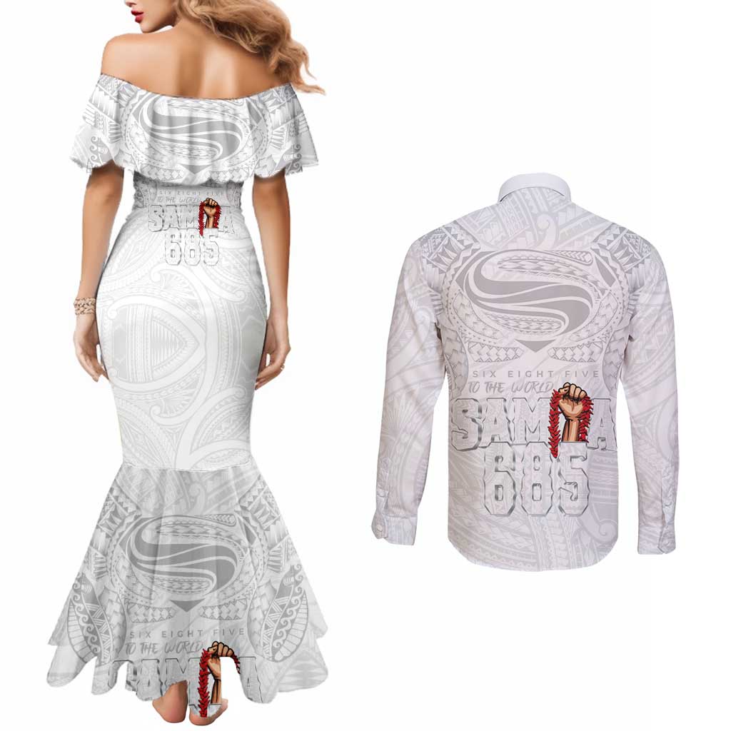 Super Samoa-Six Eight Five to The World Couples Matching Mermaid Dress and Long Sleeve Button Shirt Traditional Samoan Tattoo All White LT03 - Polynesian Pride