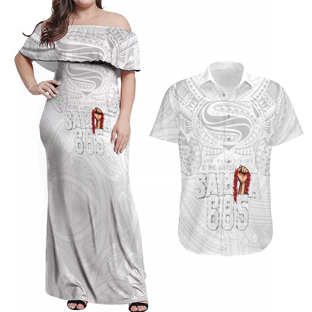 Super Samoa-Six Eight Five to The World Couples Matching Off Shoulder Maxi Dress and Hawaiian Shirt Traditional Samoan Tattoo All White LT03 White - Polynesian Pride