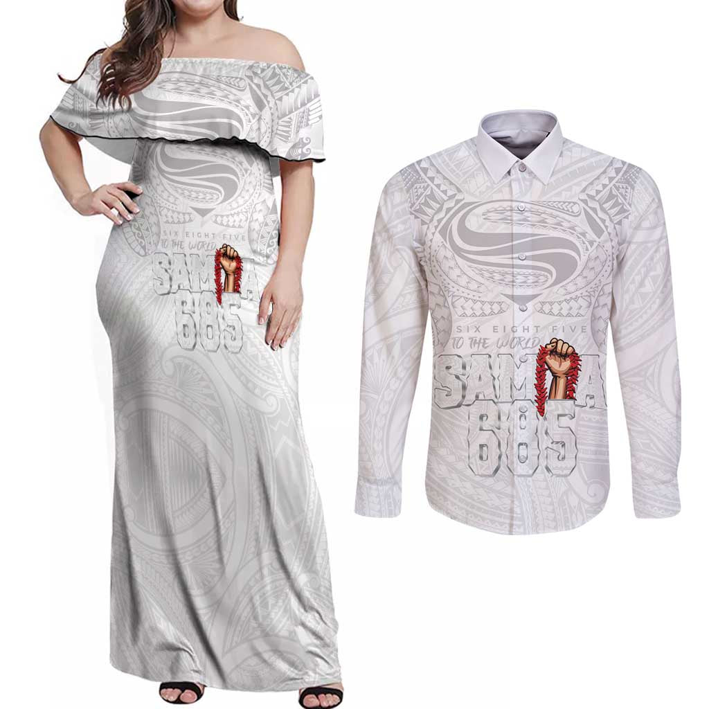 Super Samoa-Six Eight Five to The World Couples Matching Off Shoulder Maxi Dress and Long Sleeve Button Shirt Traditional Samoan Tattoo All White LT03 White - Polynesian Pride