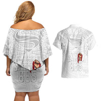 Super Samoa-Six Eight Five to The World Couples Matching Off Shoulder Short Dress and Hawaiian Shirt Traditional Samoan Tattoo All White LT03 - Polynesian Pride