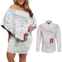 Super Samoa-Six Eight Five to The World Couples Matching Off Shoulder Short Dress and Long Sleeve Button Shirt Traditional Samoan Tattoo All White LT03 White - Polynesian Pride