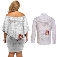 Super Samoa-Six Eight Five to The World Couples Matching Off Shoulder Short Dress and Long Sleeve Button Shirt Traditional Samoan Tattoo All White LT03 - Polynesian Pride