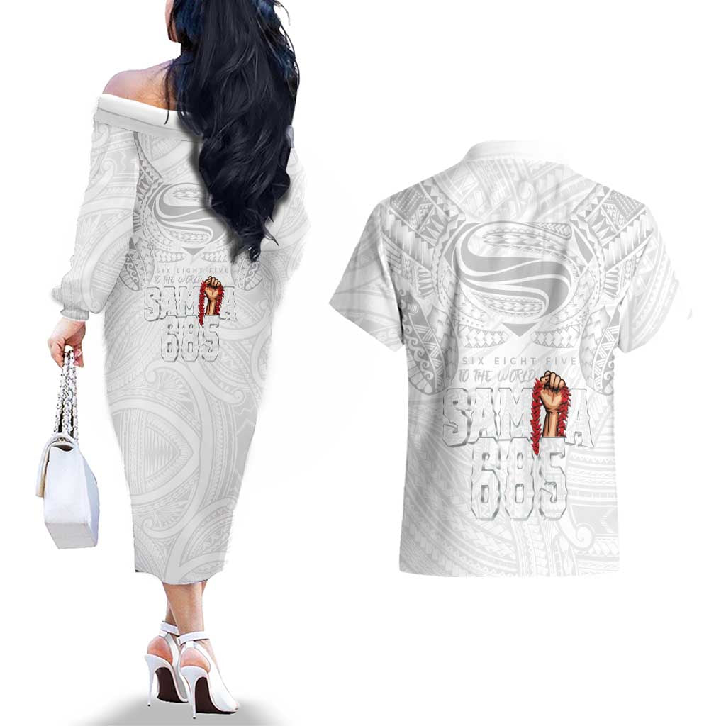 Super Samoa-Six Eight Five to The World Couples Matching Off The Shoulder Long Sleeve Dress and Hawaiian Shirt Traditional Samoan Tattoo All White LT03 - Polynesian Pride