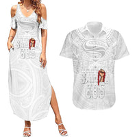 Super Samoa-Six Eight Five to The World Couples Matching Summer Maxi Dress and Hawaiian Shirt Traditional Samoan Tattoo All White LT03 White - Polynesian Pride