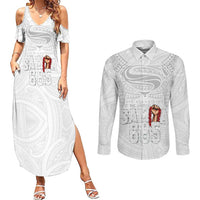 Super Samoa-Six Eight Five to The World Couples Matching Summer Maxi Dress and Long Sleeve Button Shirt Traditional Samoan Tattoo All White LT03 White - Polynesian Pride