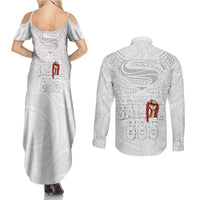 Super Samoa-Six Eight Five to The World Couples Matching Summer Maxi Dress and Long Sleeve Button Shirt Traditional Samoan Tattoo All White LT03 - Polynesian Pride