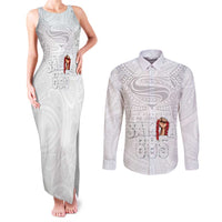 Super Samoa-Six Eight Five to The World Couples Matching Tank Maxi Dress and Long Sleeve Button Shirt Traditional Samoan Tattoo All White LT03 White - Polynesian Pride