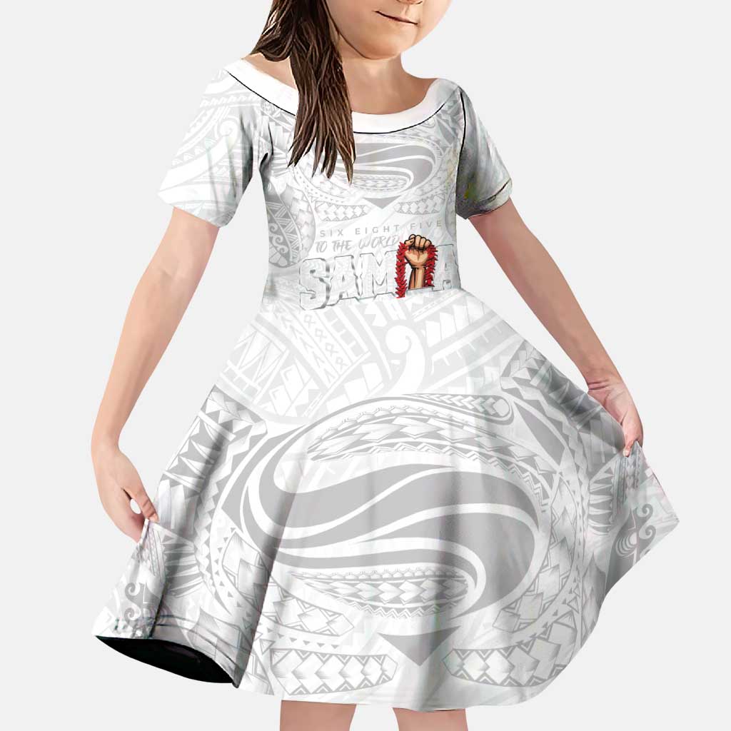 Super Samoa-Six Eight Five to The World Family Matching Off The Shoulder Long Sleeve Dress and Hawaiian Shirt Traditional Samoan Tattoo All White LT03 Daughter's Dress White - Polynesian Pride