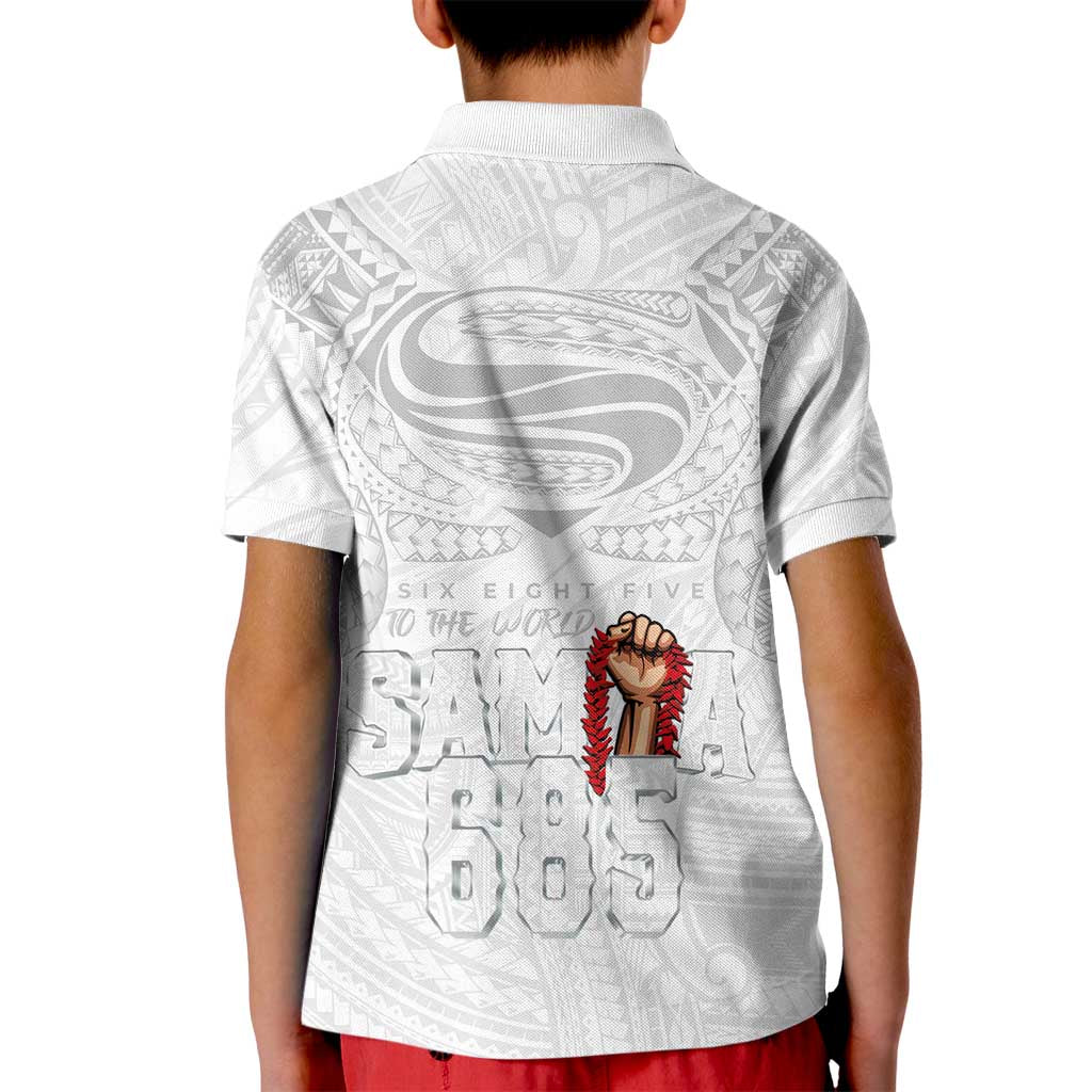 Super Samoa-Six Eight Five to The World Kid Polo Shirt Traditional Samoan Tattoo All White