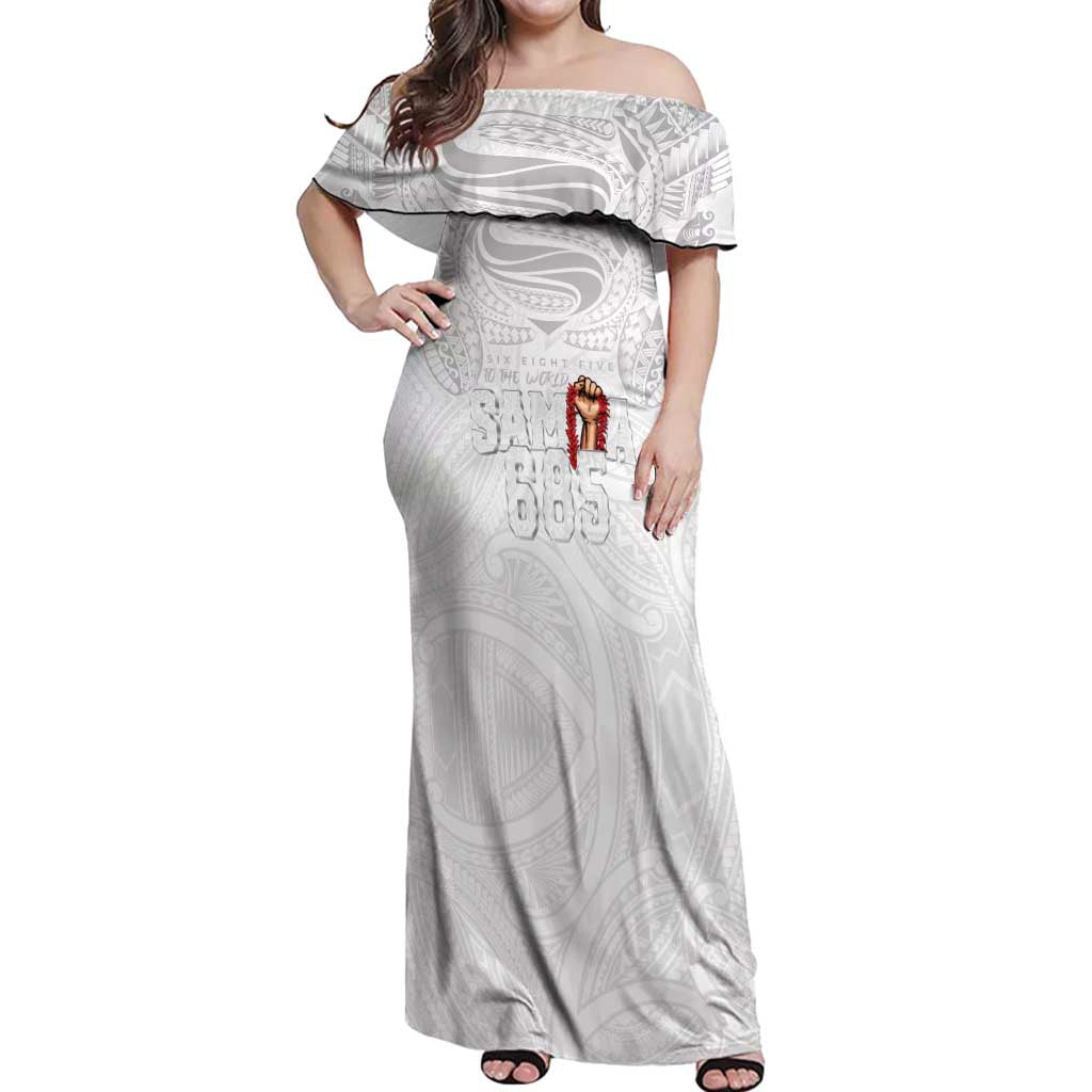 Super Samoa-Six Eight Five to The World Off Shoulder Maxi Dress Traditional Samoan Tattoo All White