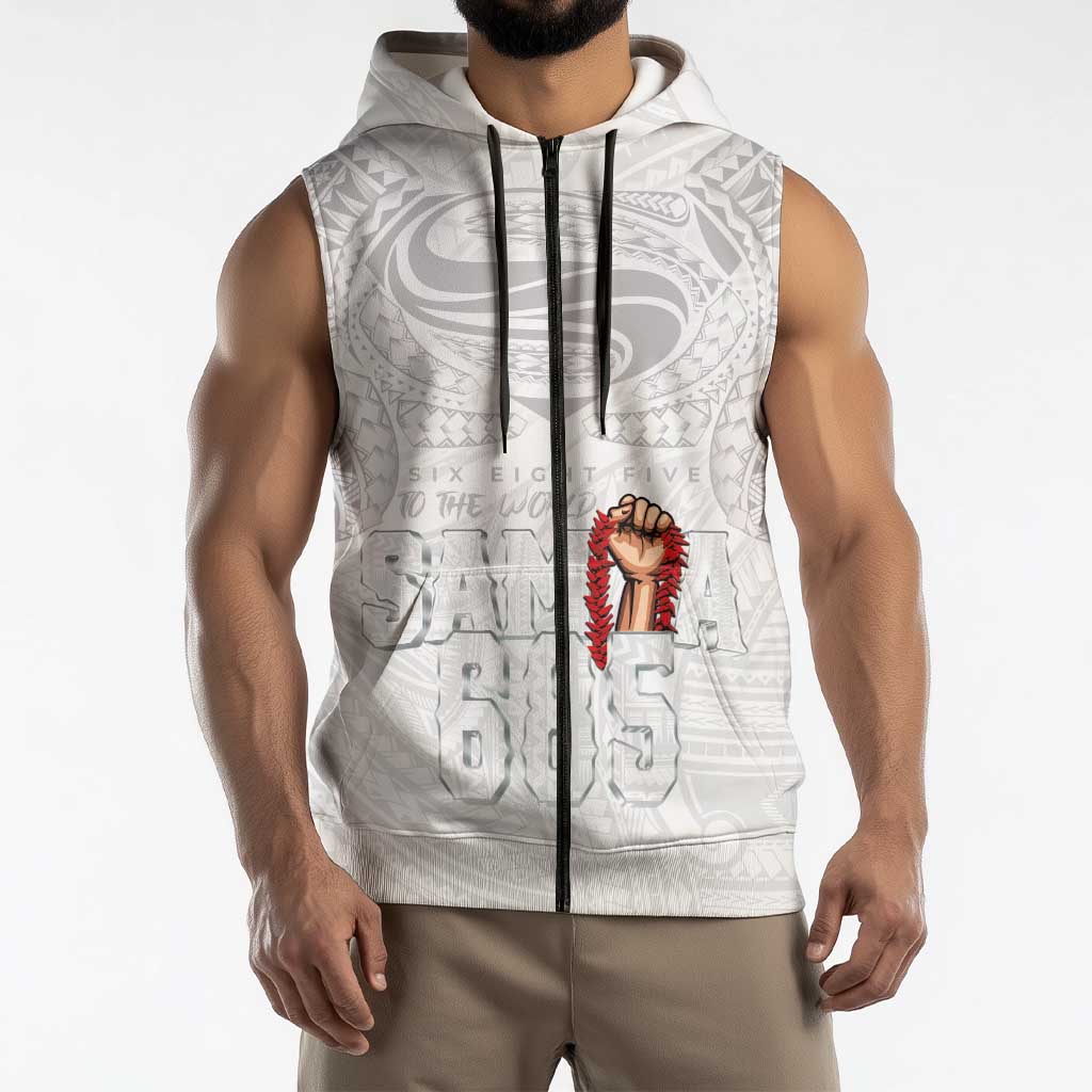 Super Samoa-Six Eight Five to The World Sleeveless Zip Hoodie Traditional Samoan Tattoo All White