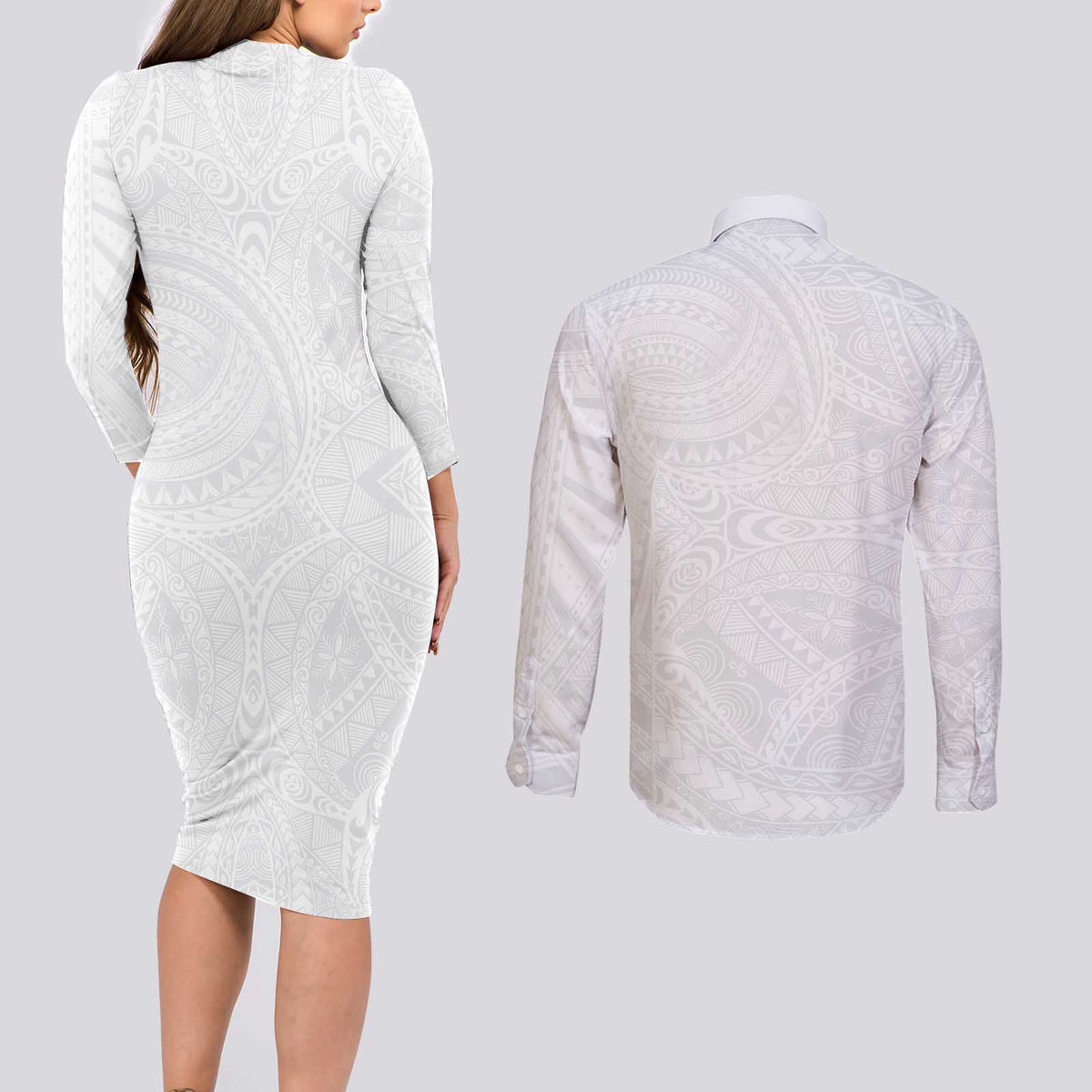 Lotu Tamaiti Samoan Art Tattoo Polynesian Pattern Couples Matching Long Sleeve Bodycon Dress and Long Sleeve Button Shirt LT03 - Polynesian Pride