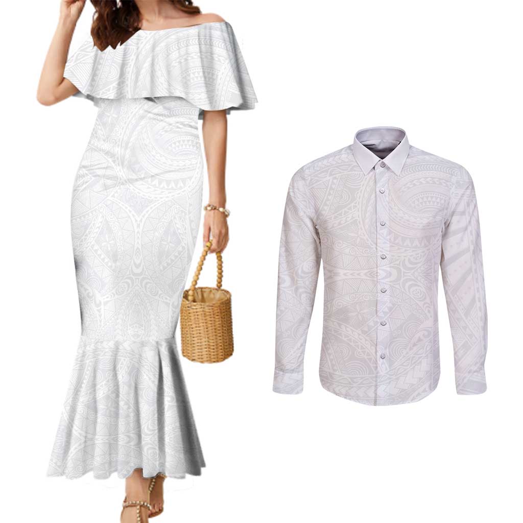 Lotu Tamaiti Samoan Art Tattoo Polynesian Pattern Couples Matching Mermaid Dress and Long Sleeve Button Shirt LT03 White - Polynesian Pride