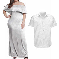 Lotu Tamaiti Samoan Art Tattoo Polynesian Pattern Couples Matching Off Shoulder Maxi Dress and Hawaiian Shirt LT03 White - Polynesian Pride