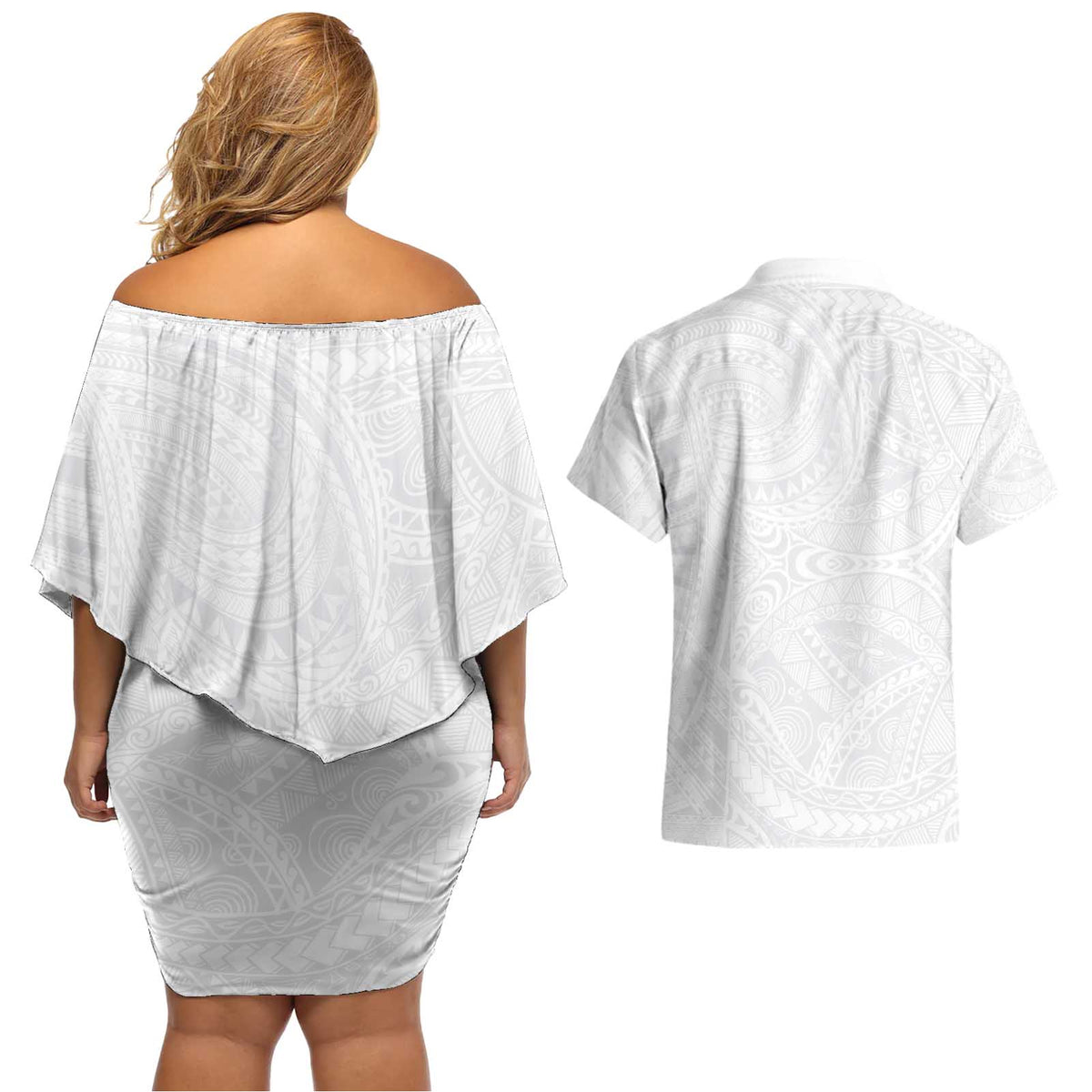 Lotu Tamaiti Samoan Art Tattoo Polynesian Pattern Couples Matching Off Shoulder Short Dress and Hawaiian Shirt LT03 - Polynesian Pride