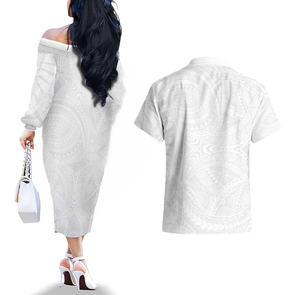Lotu Tamaiti Samoan Art Tattoo Polynesian Pattern Couples Matching Off The Shoulder Long Sleeve Dress and Hawaiian Shirt LT03 - Polynesian Pride