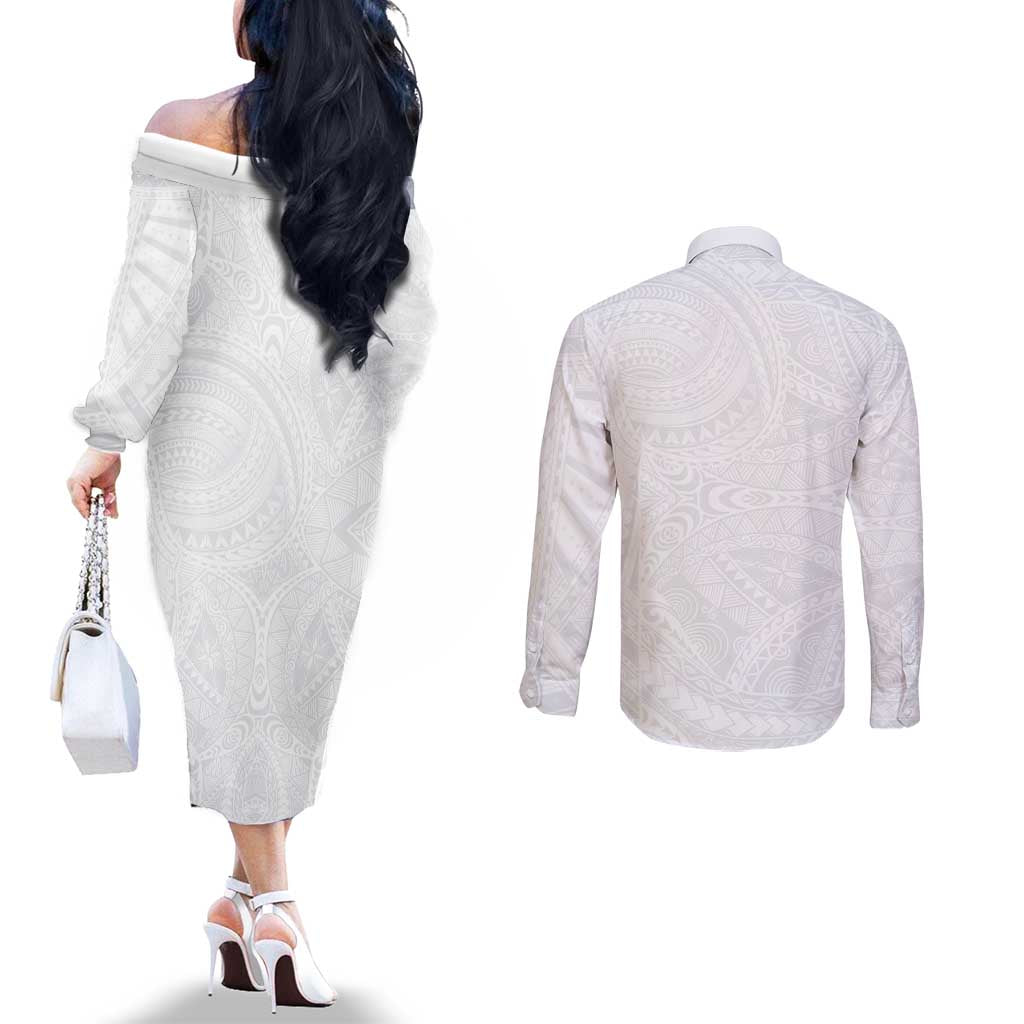 Lotu Tamaiti Samoan Art Tattoo Polynesian Pattern Couples Matching Off The Shoulder Long Sleeve Dress and Long Sleeve Button Shirt LT03 - Polynesian Pride