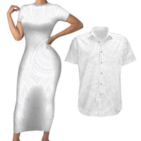 Lotu Tamaiti Samoan Art Tattoo Polynesian Pattern Couples Matching Short Sleeve Bodycon Dress and Hawaiian Shirt LT03 White - Polynesian Pride