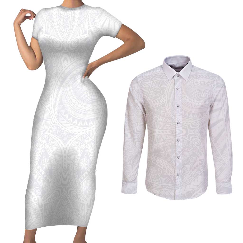 Lotu Tamaiti Samoan Art Tattoo Polynesian Pattern Couples Matching Short Sleeve Bodycon Dress and Long Sleeve Button Shirt LT03 White - Polynesian Pride