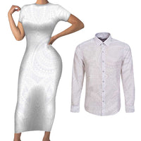 Lotu Tamaiti Samoan Art Tattoo Polynesian Pattern Couples Matching Short Sleeve Bodycon Dress and Long Sleeve Button Shirt LT03 White - Polynesian Pride