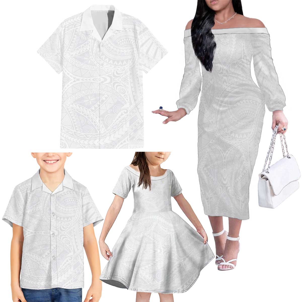 Lotu Tamaiti Samoan Art Tattoo Polynesian Pattern Family Matching Off The Shoulder Long Sleeve Dress and Hawaiian Shirt LT03 - Polynesian Pride