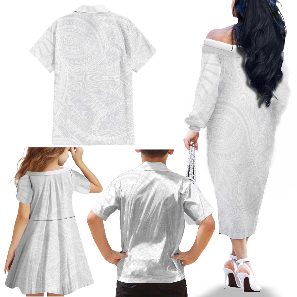 Lotu Tamaiti Samoan Art Tattoo Polynesian Pattern Family Matching Off The Shoulder Long Sleeve Dress and Hawaiian Shirt LT03 - Polynesian Pride