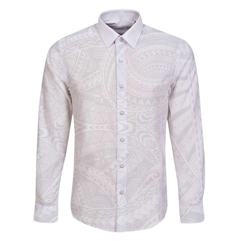 Lotu Tamaiti Samoan Art Tattoo Polynesian Pattern Family Matching Off Shoulder Maxi Dress and Hawaiian Shirt LT03 Dad's Shirt - Long Sleeve White - Polynesian Pride