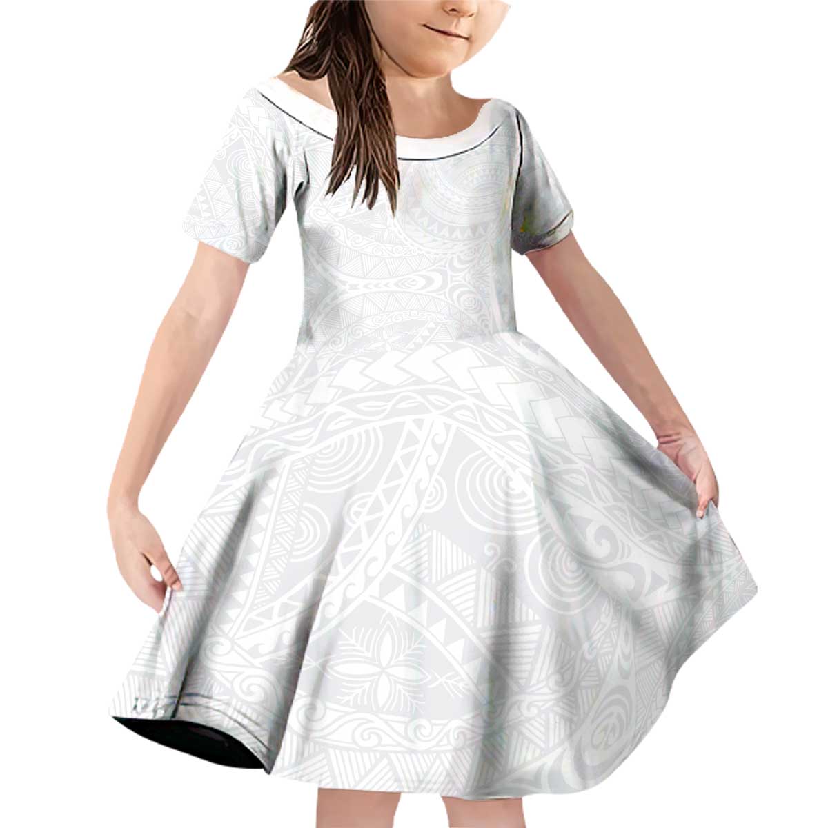 Lotu Tamaiti Samoan Art Tattoo Polynesian Pattern Family Matching Off Shoulder Short Dress and Hawaiian Shirt LT03 Daughter's Dress White - Polynesian Pride