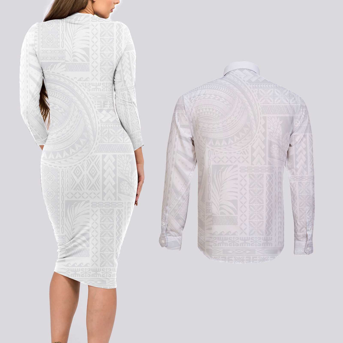 Lotu Tamaiti Samoan Art Tattoo Siapo Pattern Couples Matching Long Sleeve Bodycon Dress and Long Sleeve Button Shirt LT03 - Polynesian Pride