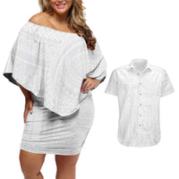 Lotu Tamaiti Samoan Art Tattoo Siapo Pattern Couples Matching Off Shoulder Short Dress and Hawaiian Shirt LT03 White - Polynesian Pride