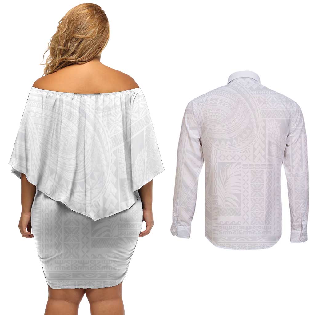 Lotu Tamaiti Samoan Art Tattoo Siapo Pattern Couples Matching Off Shoulder Short Dress and Long Sleeve Button Shirt LT03 - Polynesian Pride