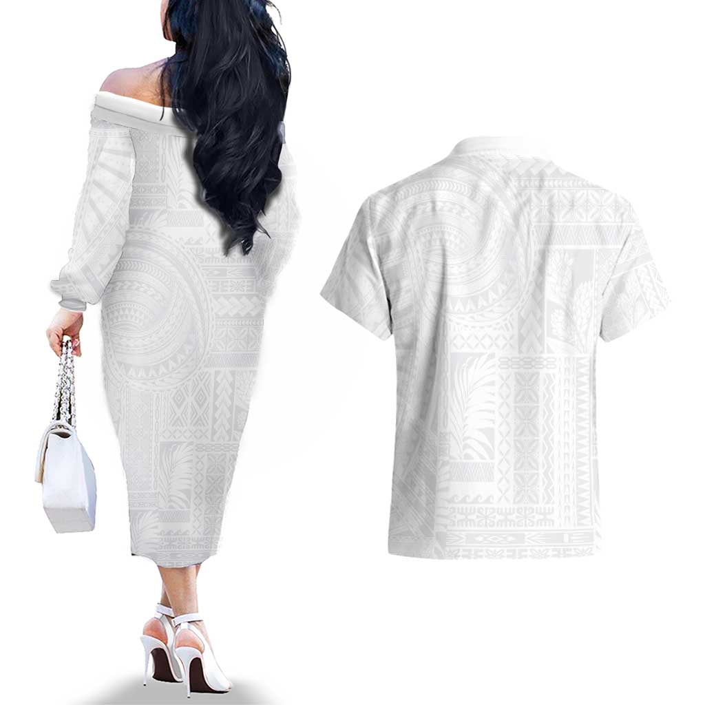 Lotu Tamaiti Samoan Art Tattoo Siapo Pattern Couples Matching Off The Shoulder Long Sleeve Dress and Hawaiian Shirt LT03 - Polynesian Pride